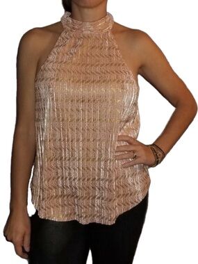Anthropologie Vickie Halter Top Blush Pink Gold Metallic Mock Neck